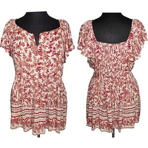 Romantic Gypsy Ivory Red Floral Smocked Flutter Sleeve Boho Top Plus Size 3X